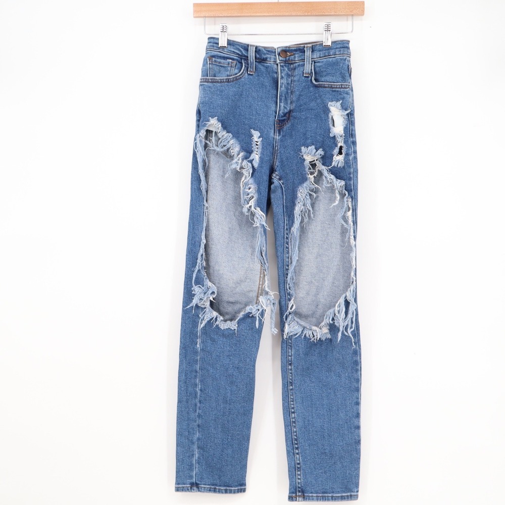 Fashion Nova Extreme Distressed High Waist Straight Leg Jeans Blue W24 Size 1